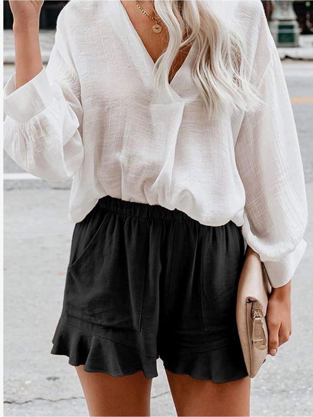 Women's Black Ruffle Hem Elastic Waist Shorts